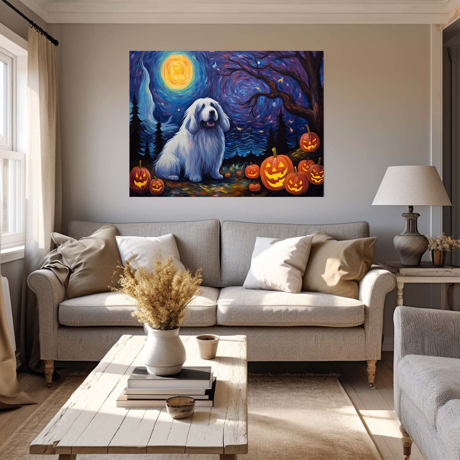 Newfoundland Dog Halloween With Pumpkin Oil Painting Van Goh Style, Wooden Canvas Prints Wall Art Painting , Canvas 3d Art