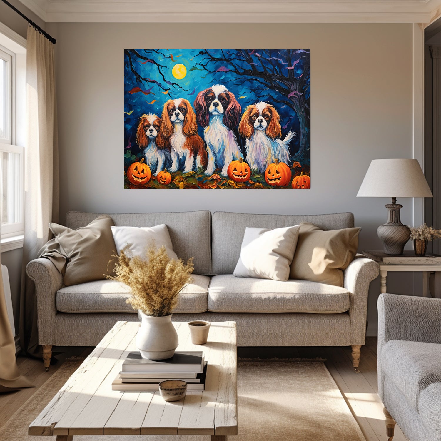 Cavalier King Charles Spaniels Halloween With Pumpkin Oil Painting Van Goh Style, Wooden Canvas Prints Wall Art Painting , Canvas 3d Art