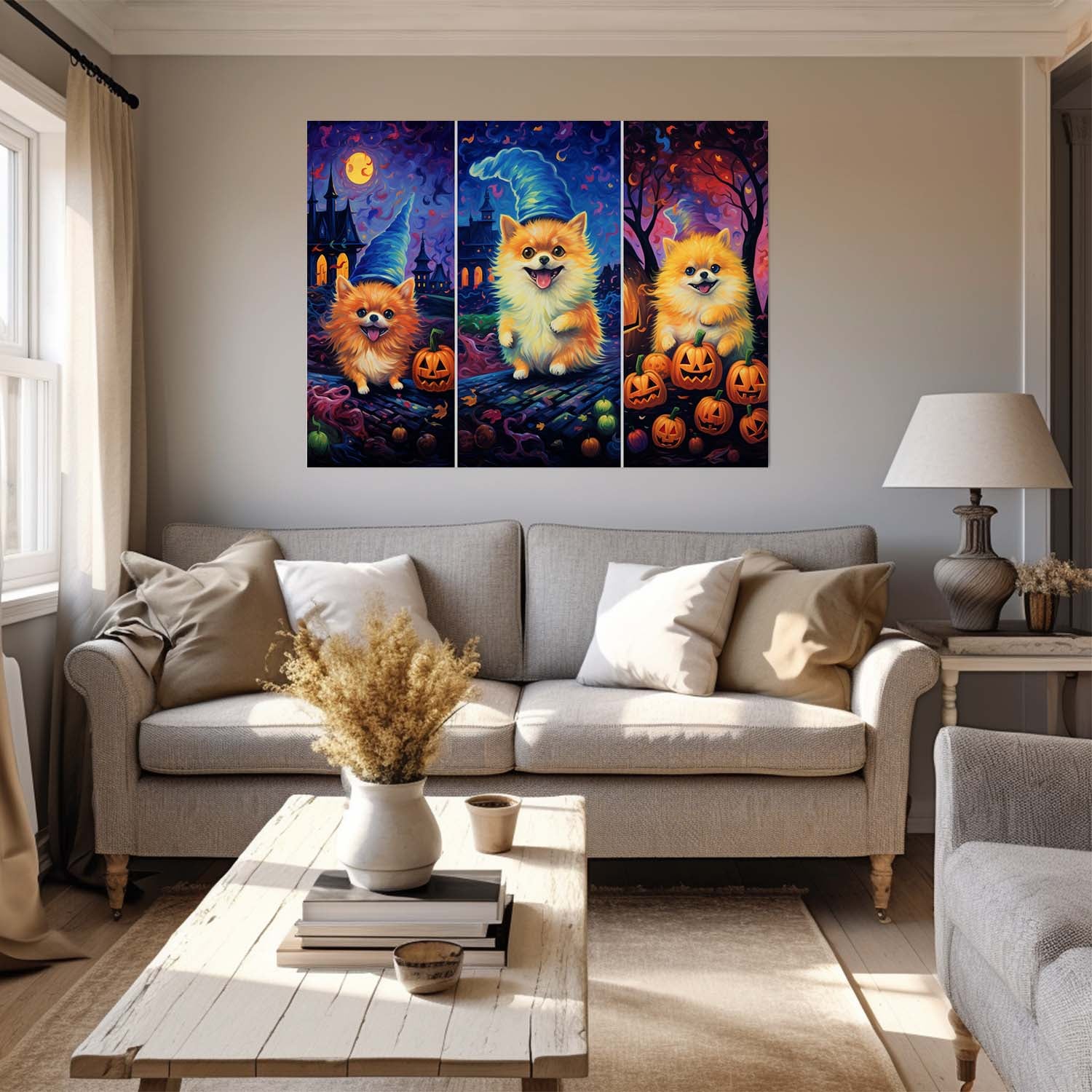 Pomeranians Dog 03 Halloween With Pumpkin Oil Painting Van Goh Style, Wooden Canvas Prints Wall Art Painting , Canvas 3d Art