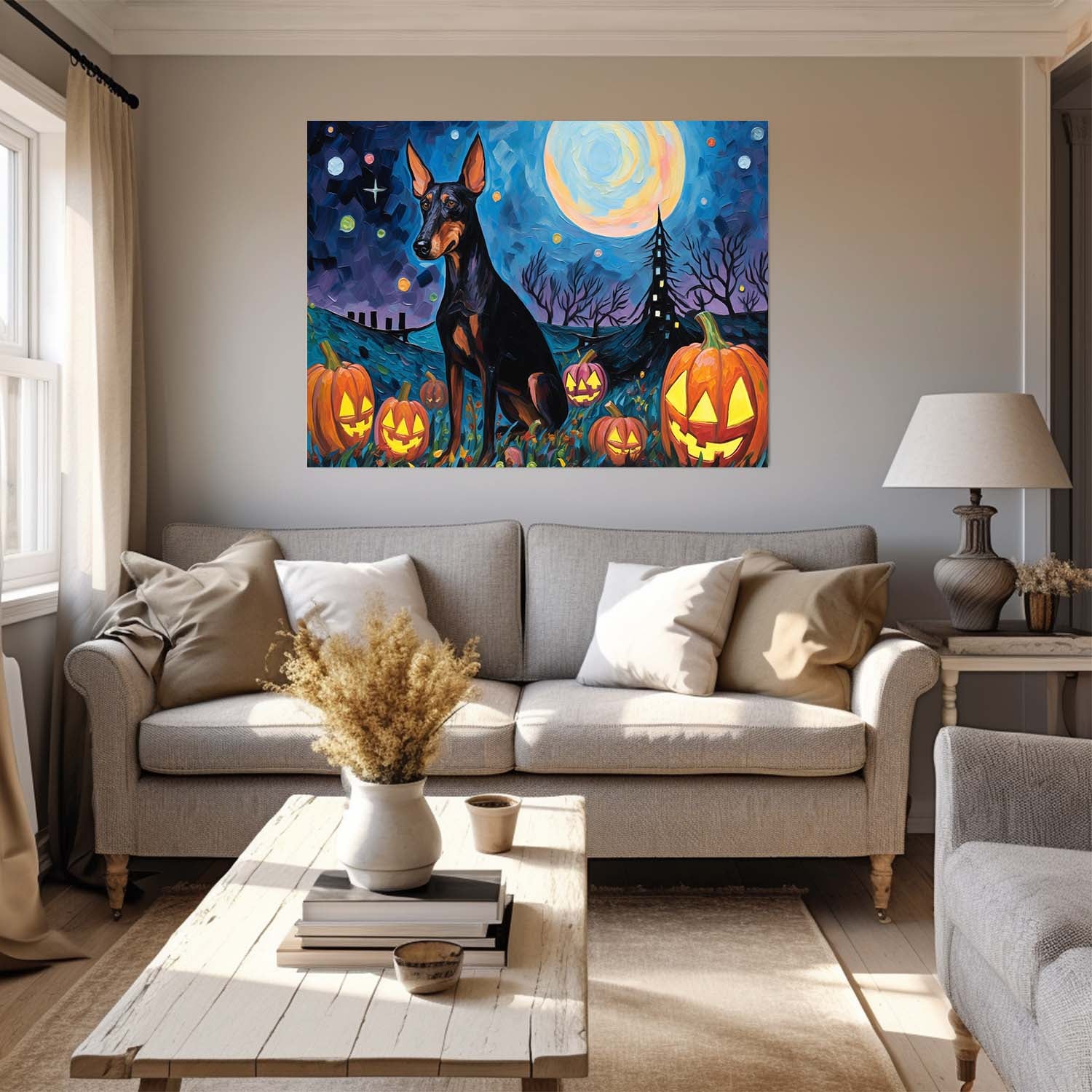Doberman Pinschers Dog 02 Halloween With Pumpkin Oil Painting Van Goh Style, Wooden Canvas Prints Wall Art Painting , Canvas 3d Art