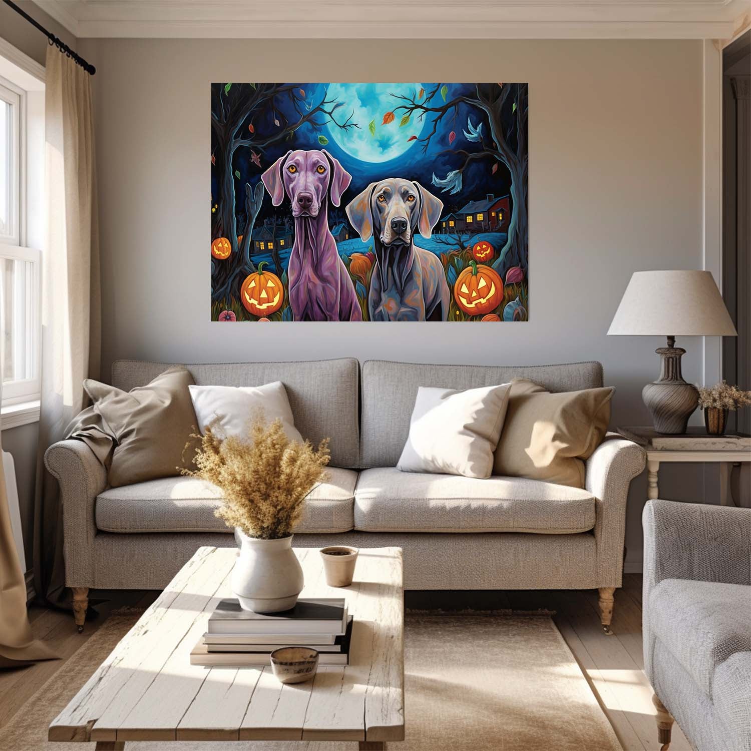 Weimaraner Dog Halloween With Pumpkin Oil Painting Van Goh Style, Wooden Canvas Prints Wall Art Painting , Canvas 3d Art
