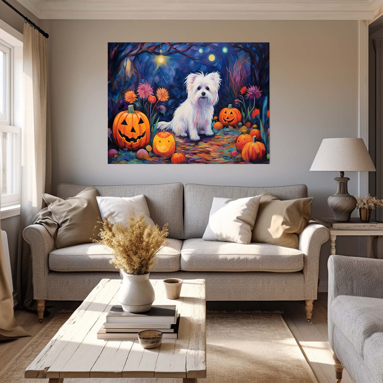 Maltese Dog 01 Halloween With Pumpkin Oil Painting Van Goh Style, Wooden Canvas Prints Wall Art Painting , Canvas 3d Art