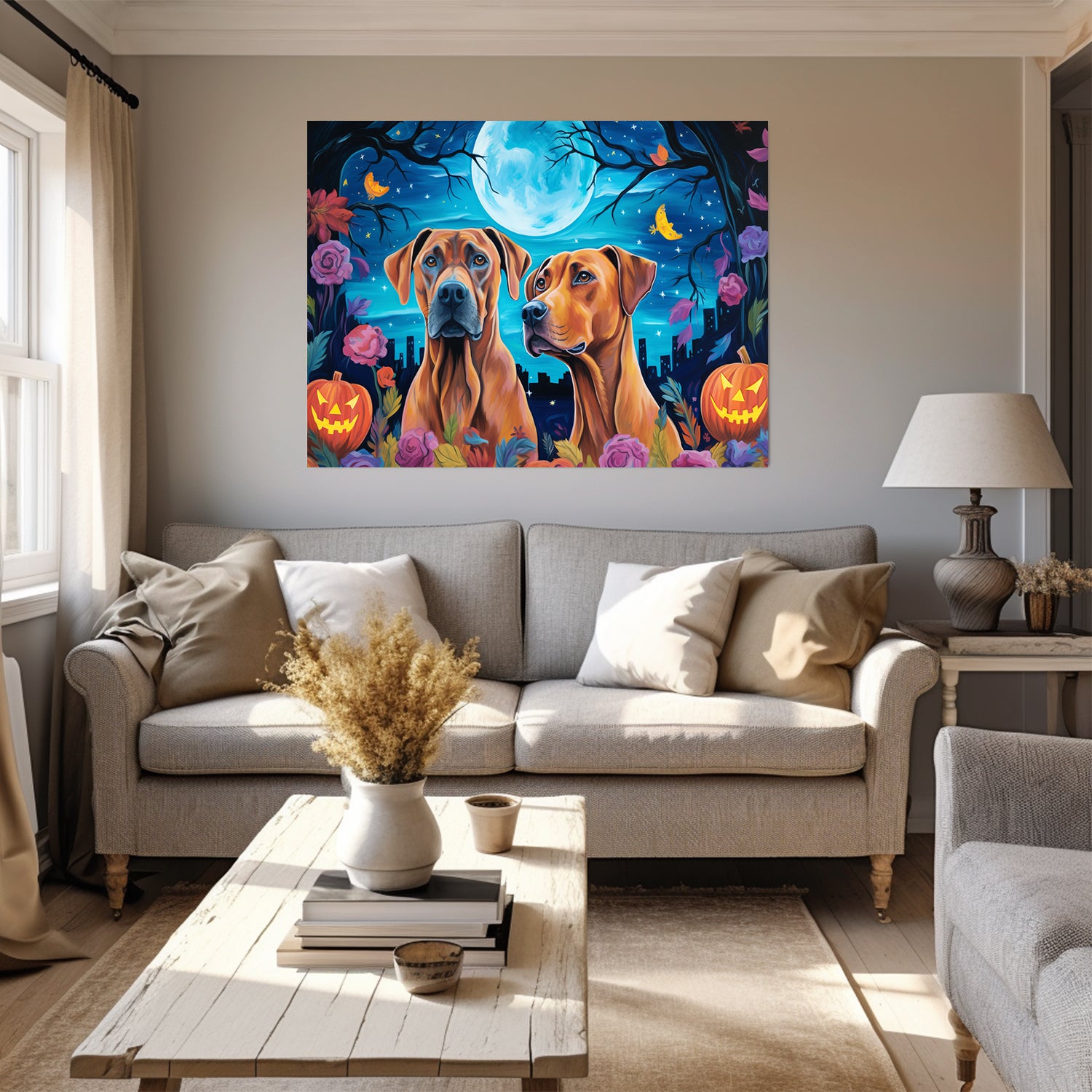 Rhodesian Ridgebacks Dog 01 Halloween With Pumpkin Oil Painting Van Goh Style, Wooden Canvas Prints Wall Art Painting , Canvas 3d Art