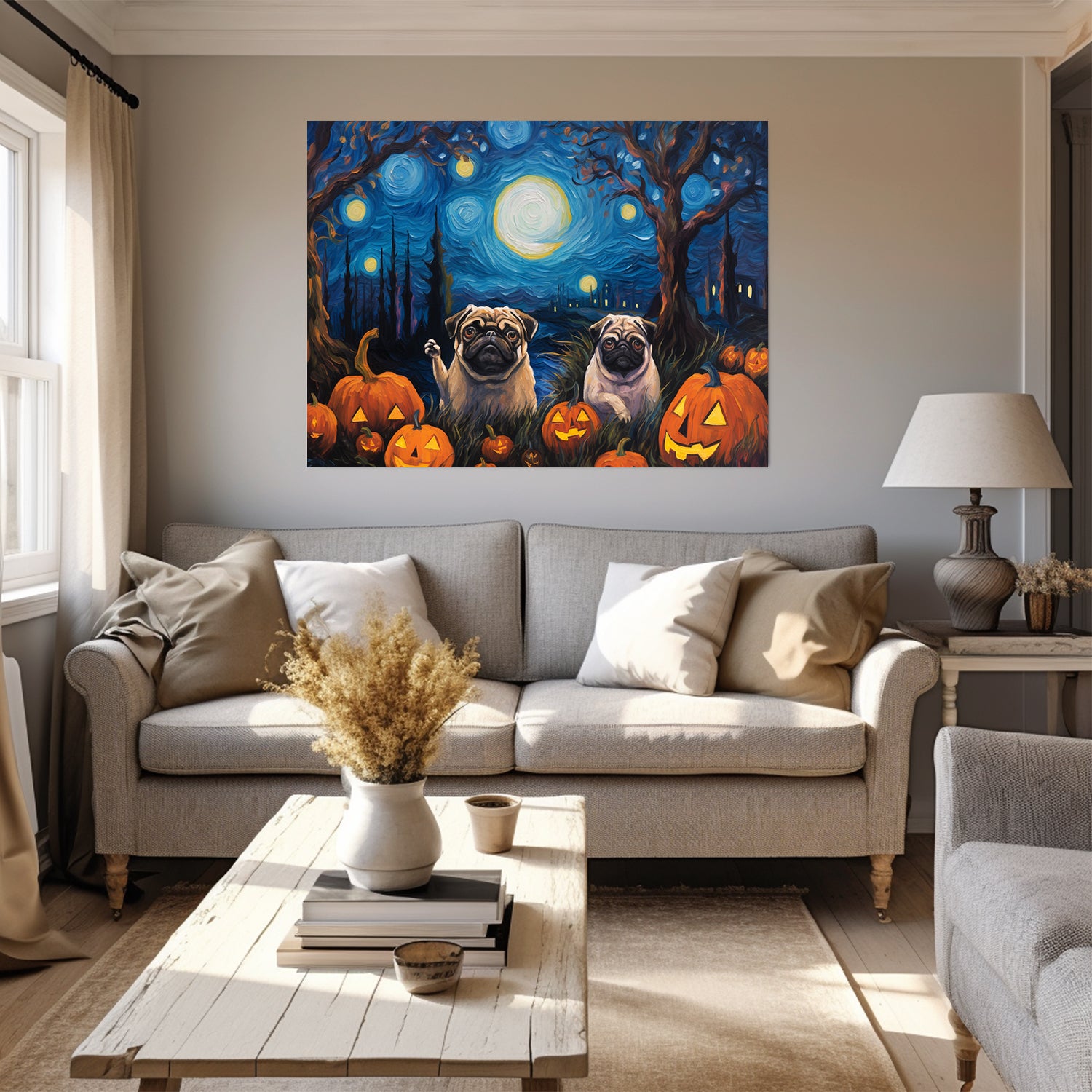 Pug Dog Halloween With Pumpkin Oil Painting Van Goh Style, Wooden Canvas Prints Wall Art Painting , Canvas 3d Art