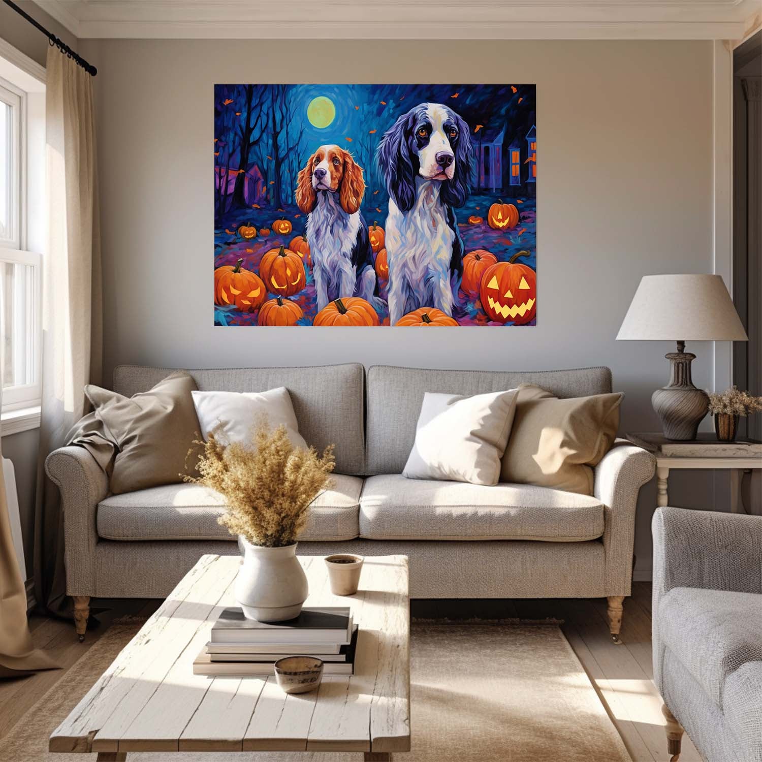 English Setters Dog 01 Halloween With Pumpkin Oil Painting Van Goh Style, Wooden Canvas Prints Wall Art Painting , Canvas 3d Art