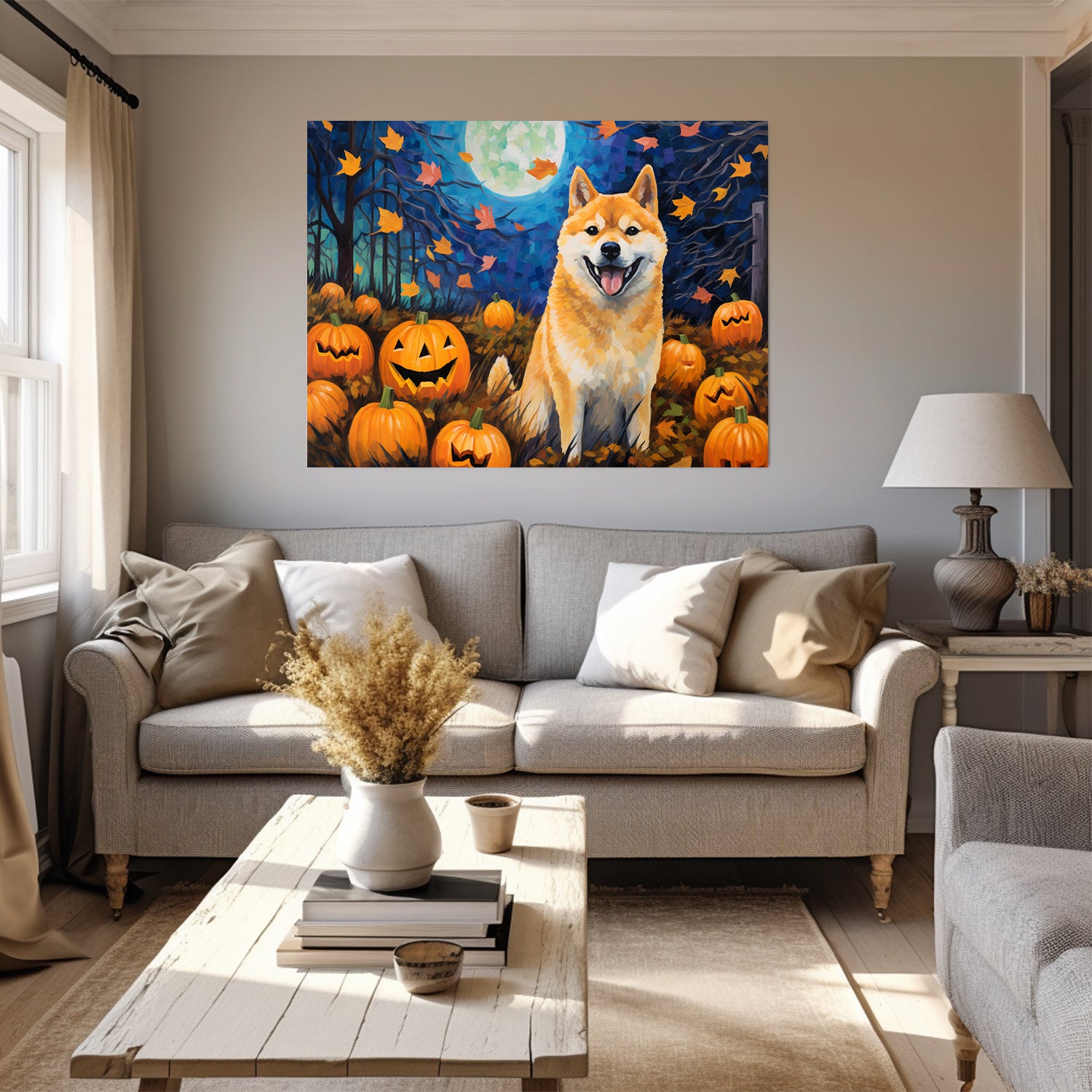 Shiba Inu Dog Halloween With Pumpkin Oil Painting Van Goh Style, Wooden Canvas Prints Wall Art Painting , Canvas 3d Art