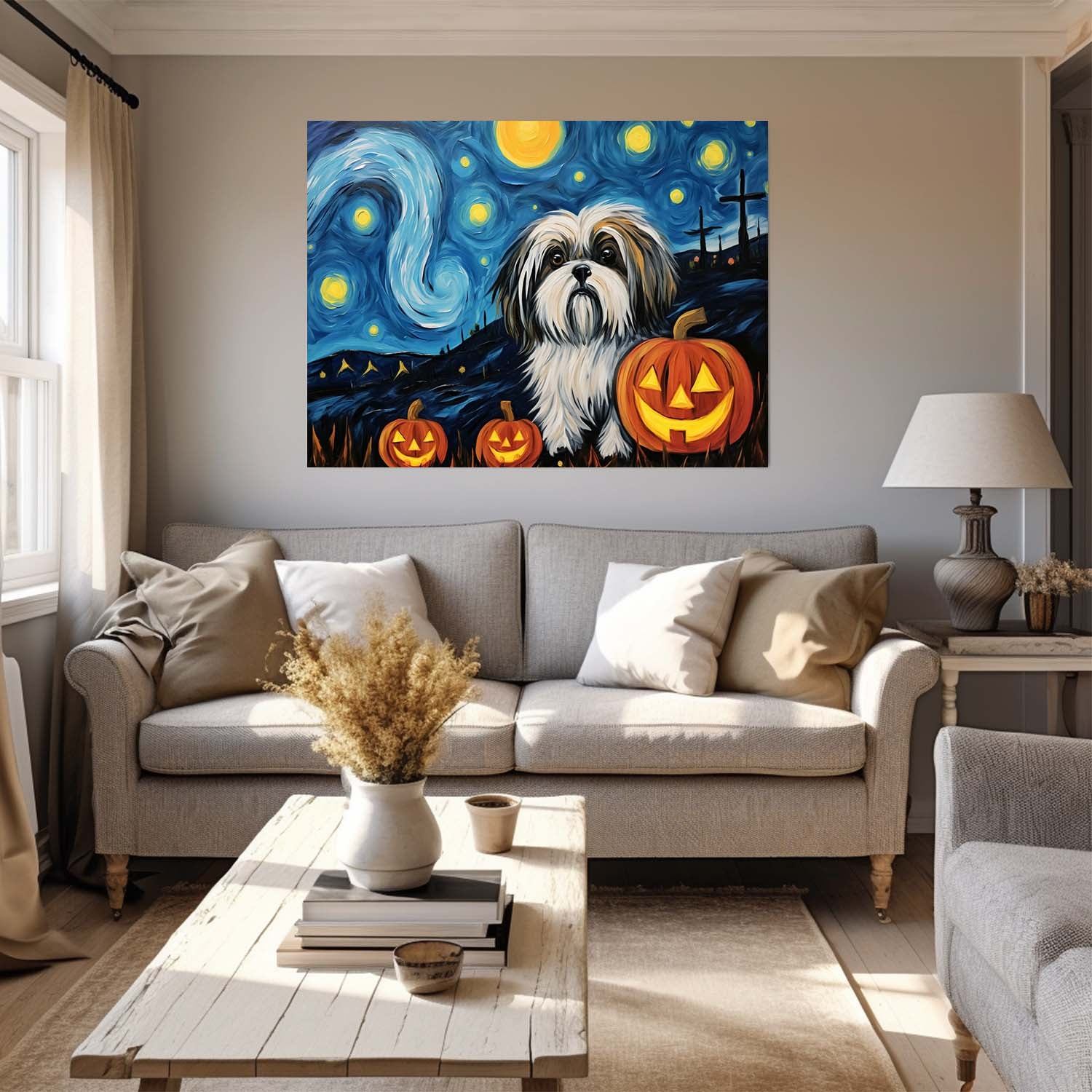 Shih Tzu Dog 01 Halloween With Pumpkin Oil Painting Van Goh Style, Wooden Canvas Prints Wall Art Painting , Canvas 3d Art