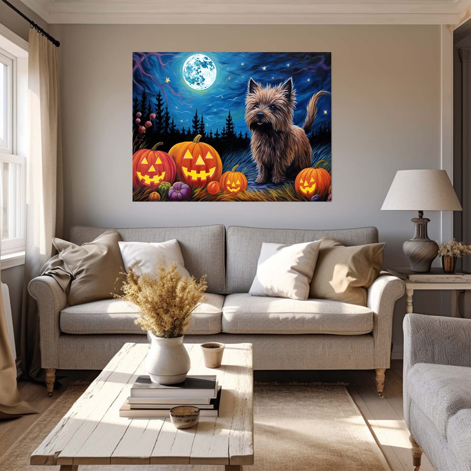 Cairn Terriers Dog Halloween With Pumpkin Oil Painting Van Goh Style, Wooden Canvas Prints Wall Art Painting , Canvas 3d Art