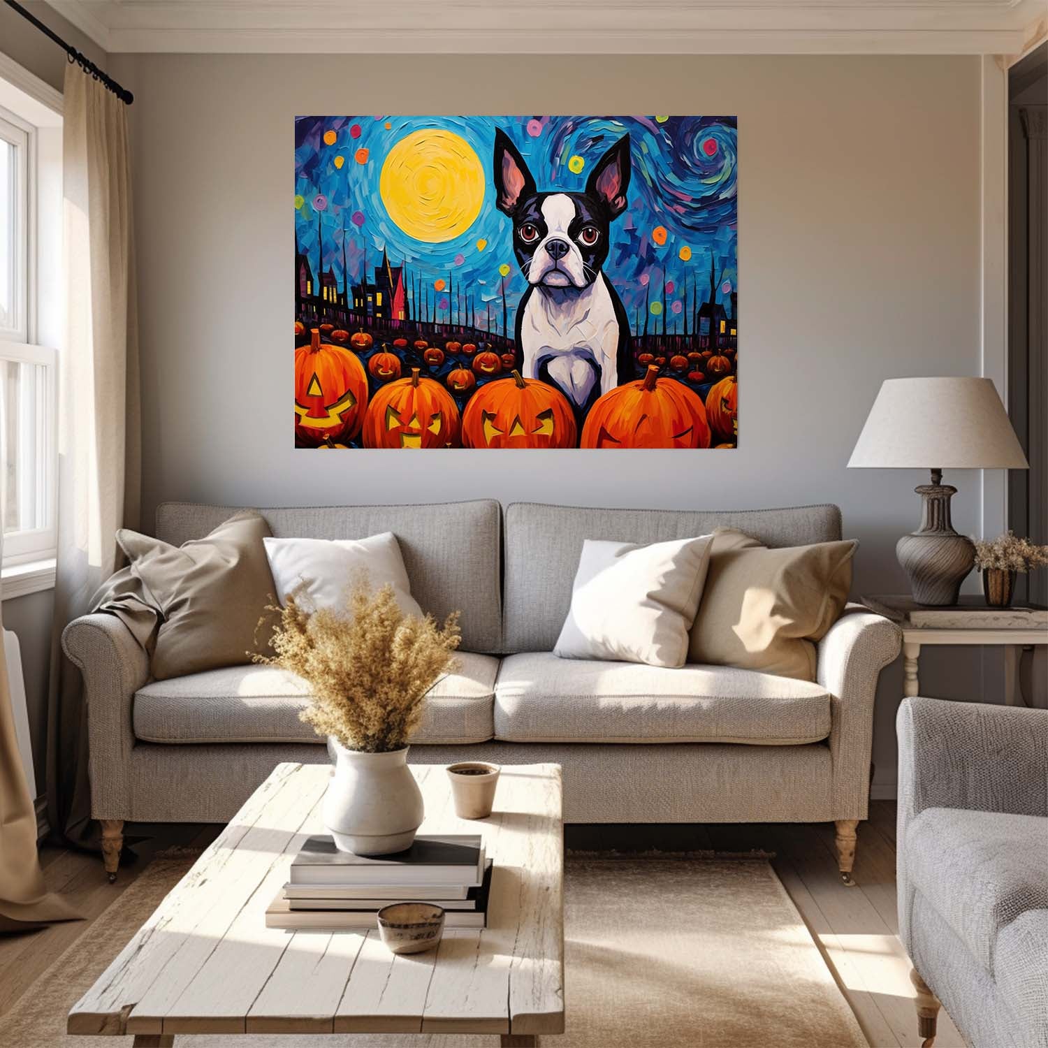 Boston Terriers Dog 01 Halloween With Pumpkin Oil Painting Van Goh Style, Wooden Canvas Prints Wall Art Painting , Canvas 3d Art