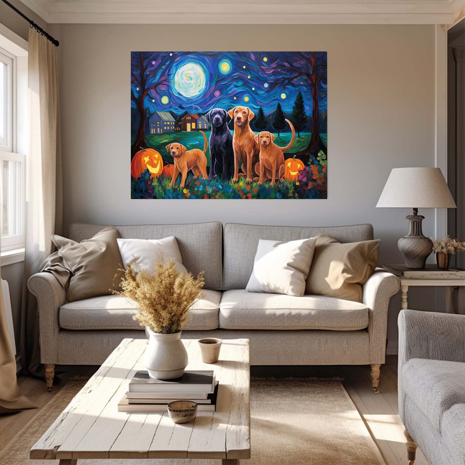 Chesapeake Bay Retrievers Dog Halloween With Pumpkin Oil Painting Van Goh Style, Wooden Canvas Prints Wall Art Painting , Canvas 3d Art