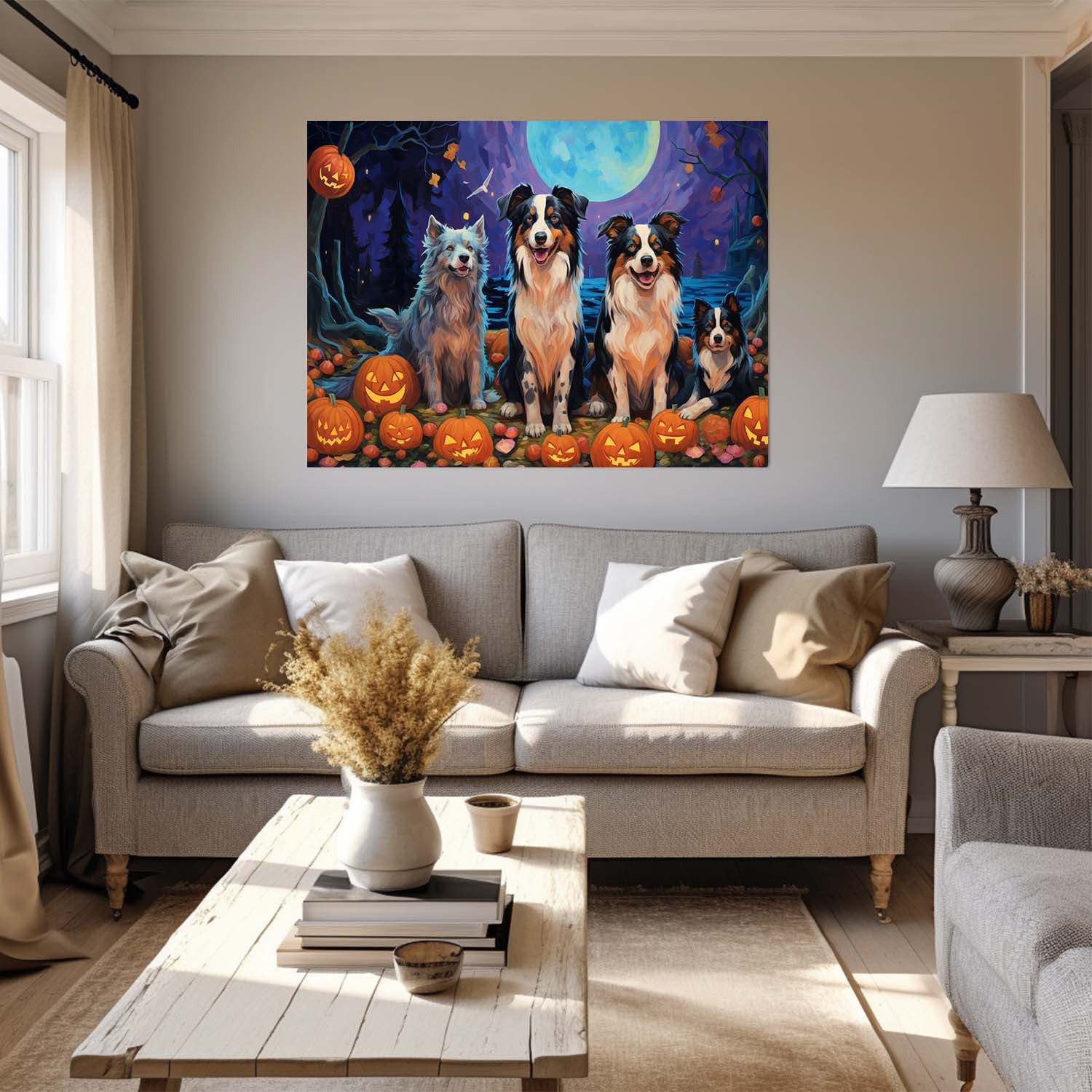Miniature American Shepherds Dog 01 Halloween With Pumpkin Oil Painting Van Goh Style, Wooden Canvas Prints Wall Art Painting , Canvas 3d Art