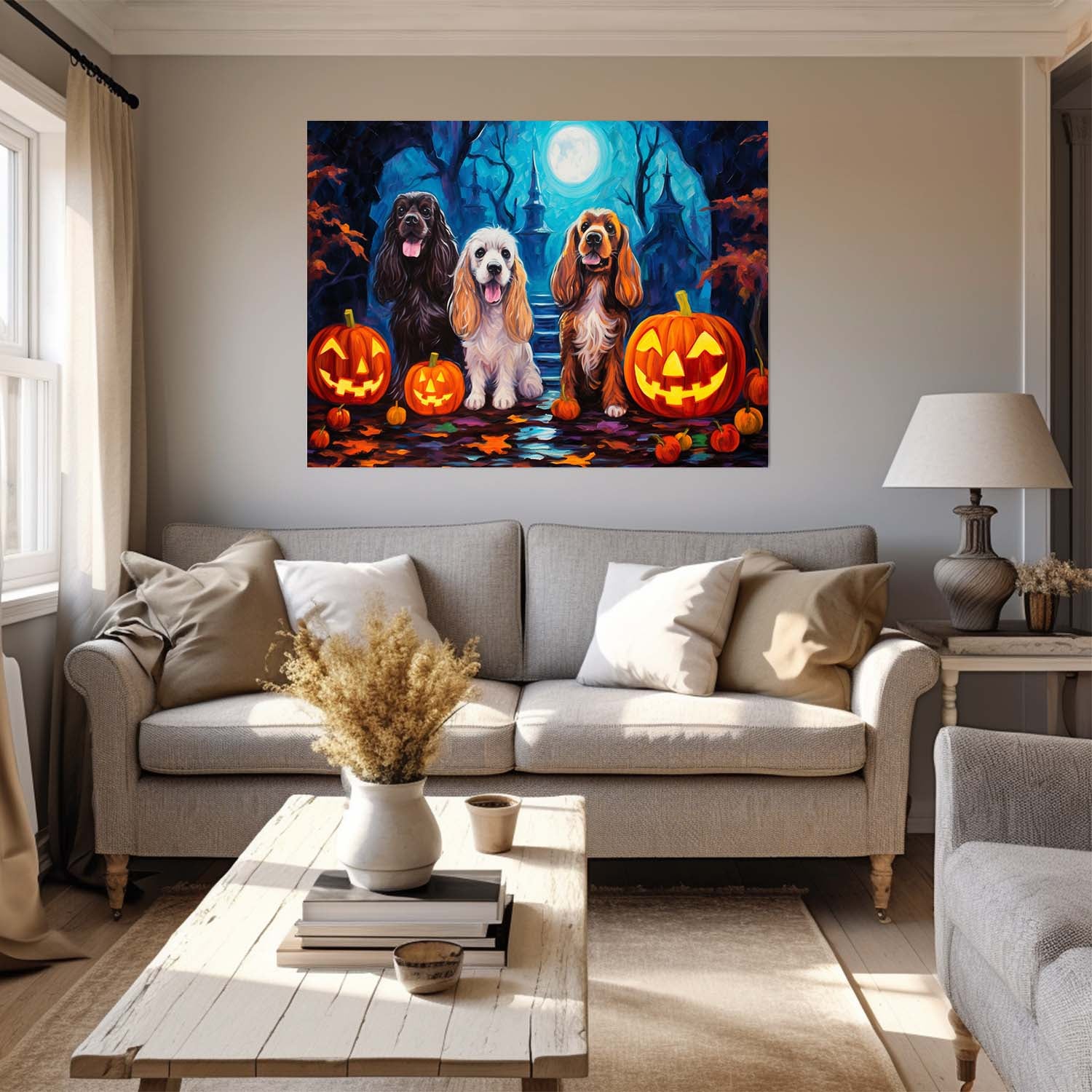 Cocker Spaniels Dog 01 Halloween With Pumpkin Oil Painting Van Goh Style, Wooden Canvas Prints Wall Art Painting , Canvas 3d Art
