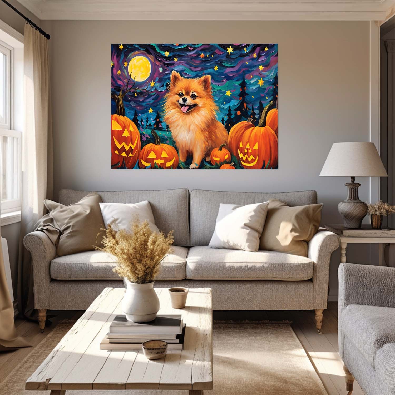 Pomeranians Dog 01 Halloween With Pumpkin Oil Painting Van Goh Style, Wooden Canvas Prints Wall Art Painting , Canvas 3d Art