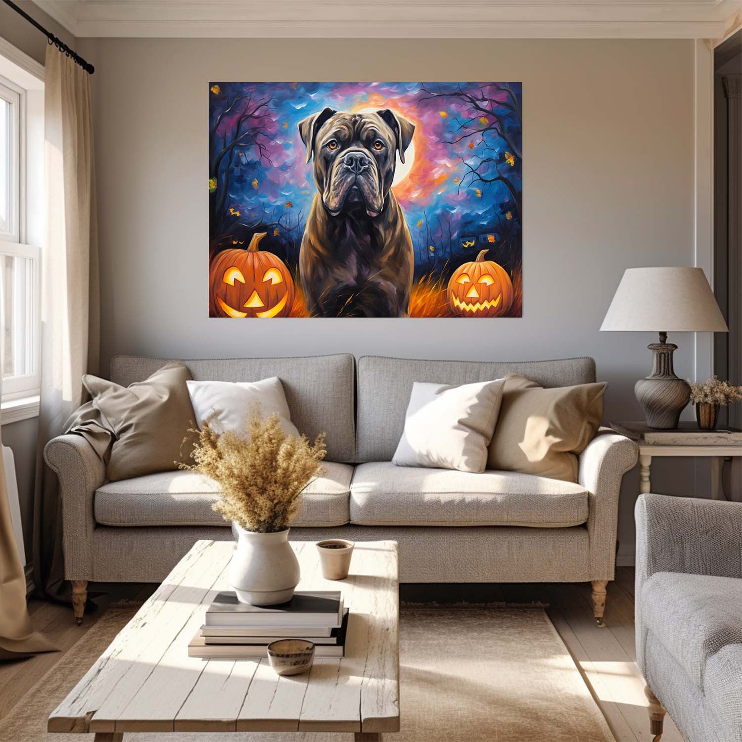 Cane Corso Dog 04 Halloween With Pumpkin Oil Painting Van Goh Style, Wooden Canvas Prints Wall Art Painting , Canvas 3d Art