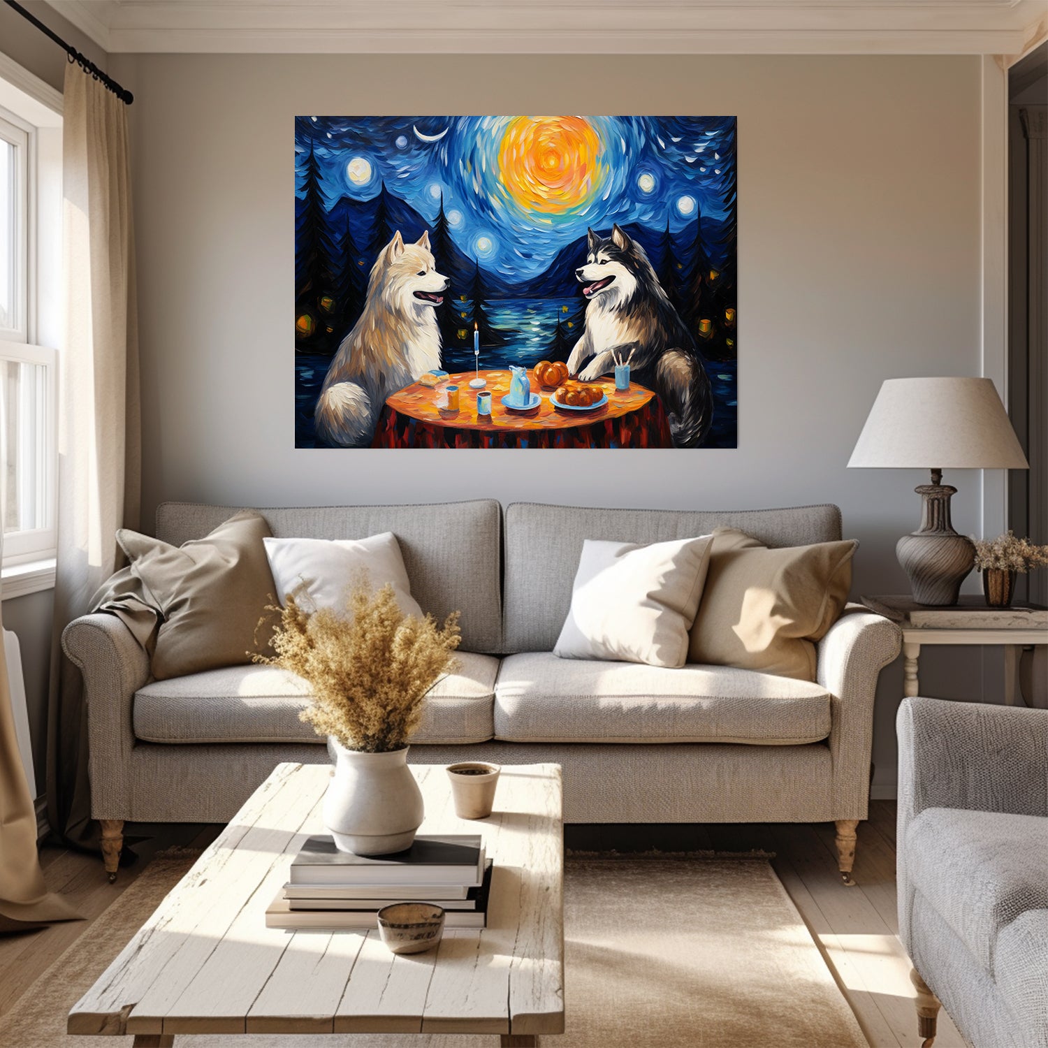 Alaskan Malamutes Dog Halloween With Pumpkin Oil Painting Van Goh Style, Wooden Canvas Prints Wall Art Painting , Canvas 3d Art