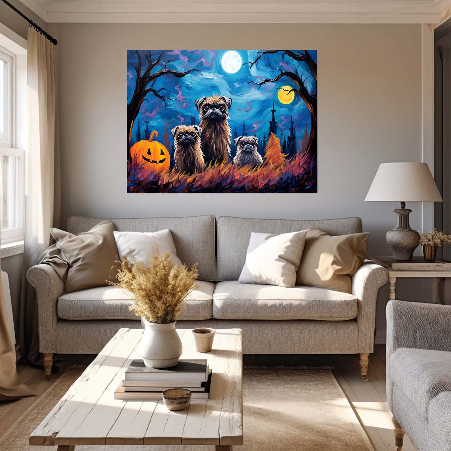 Brussels Griffons Dog 02 Halloween With Pumpkin Oil Painting Van Goh Style, Wooden Canvas Prints Wall Art Painting , Canvas 3d Art