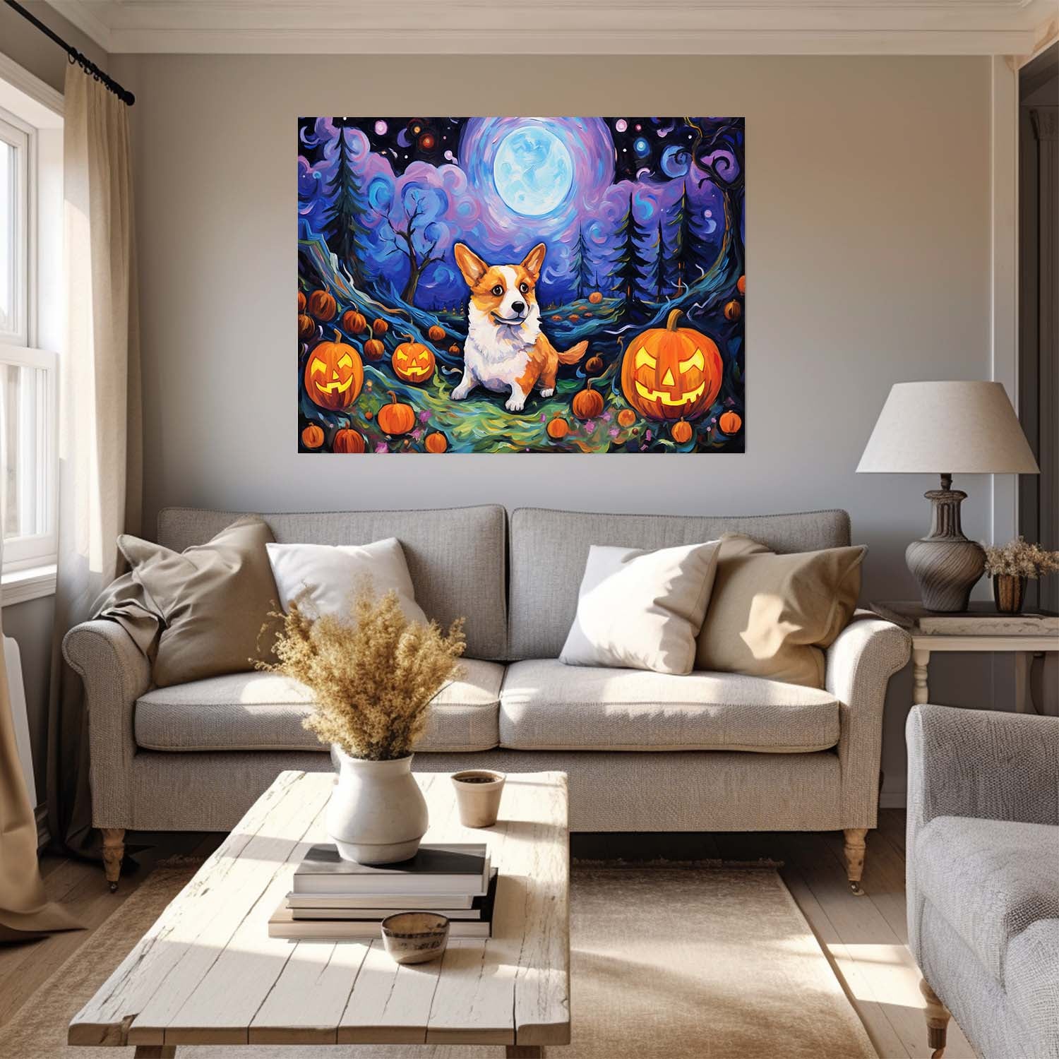 Cardigan Welsh Corgis Dog 02 Halloween With Pumpkin Oil Painting Van Goh Style, Wooden Canvas Prints Wall Art Painting , Canvas 3d Art