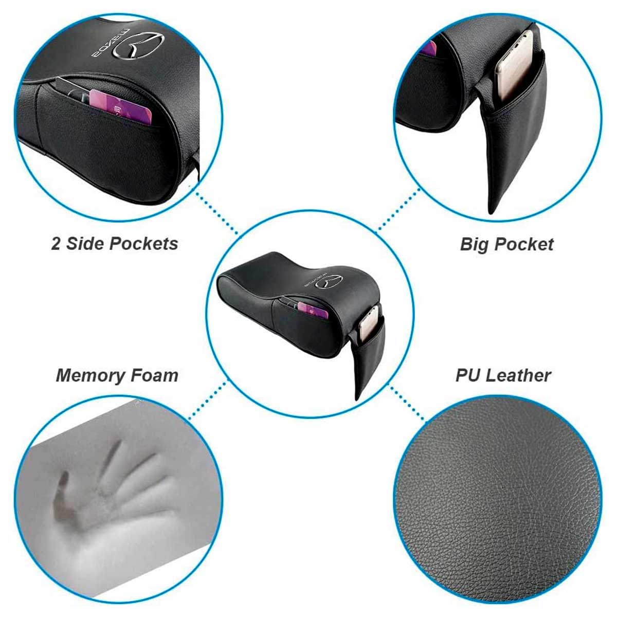 Center Console Armrest Pad Soft Memory Foam Pu Leather with Storage Pockets Seat Cushion, Custom fit for Car