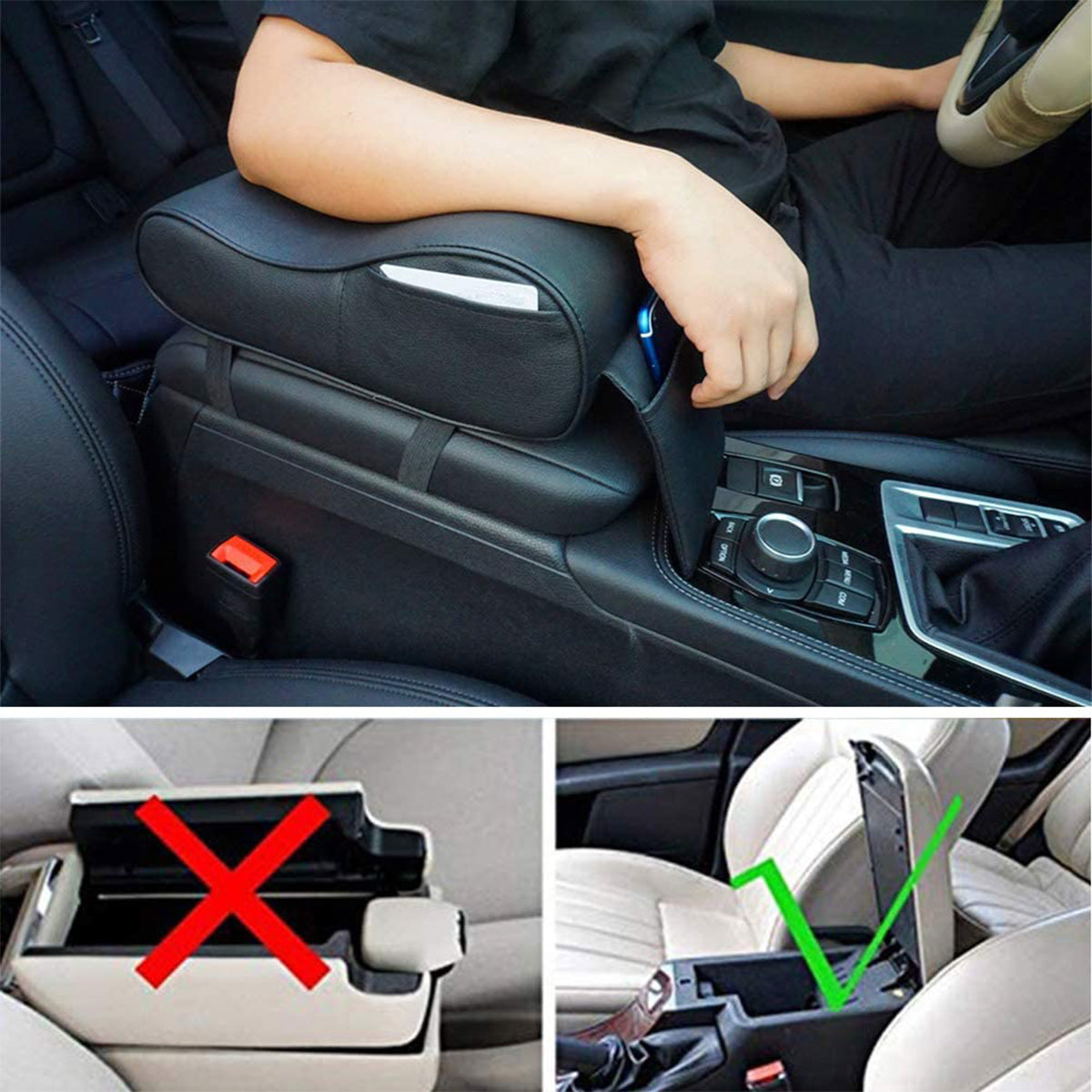 Center Console Armrest Pad Soft Memory Foam Pu Leather with Storage Pockets Seat Cushion, Custom fit for Car