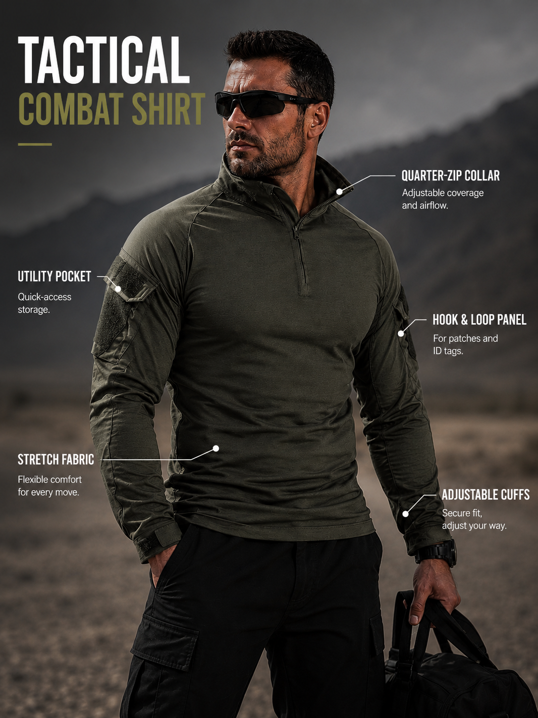 Men’s 1/4 Zip Tactical Shirt – Breathable Long Sleeve Ripstop Outdoor Combat Style Top