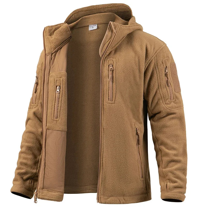 Men’s Outdoor Fleece Jacket – Warm Full Zip Multi-Pocket Hooded Tactical Style Jacket