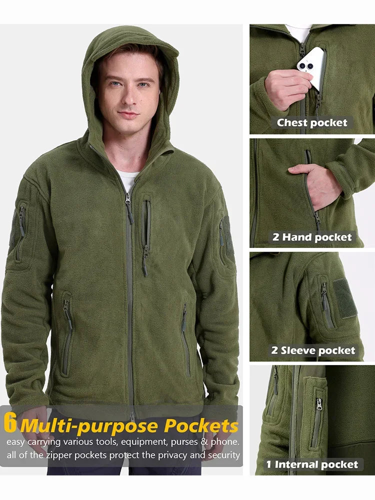 Men’s Outdoor Fleece Jacket – Warm Full Zip Multi-Pocket Hooded Tactical Style Jacket