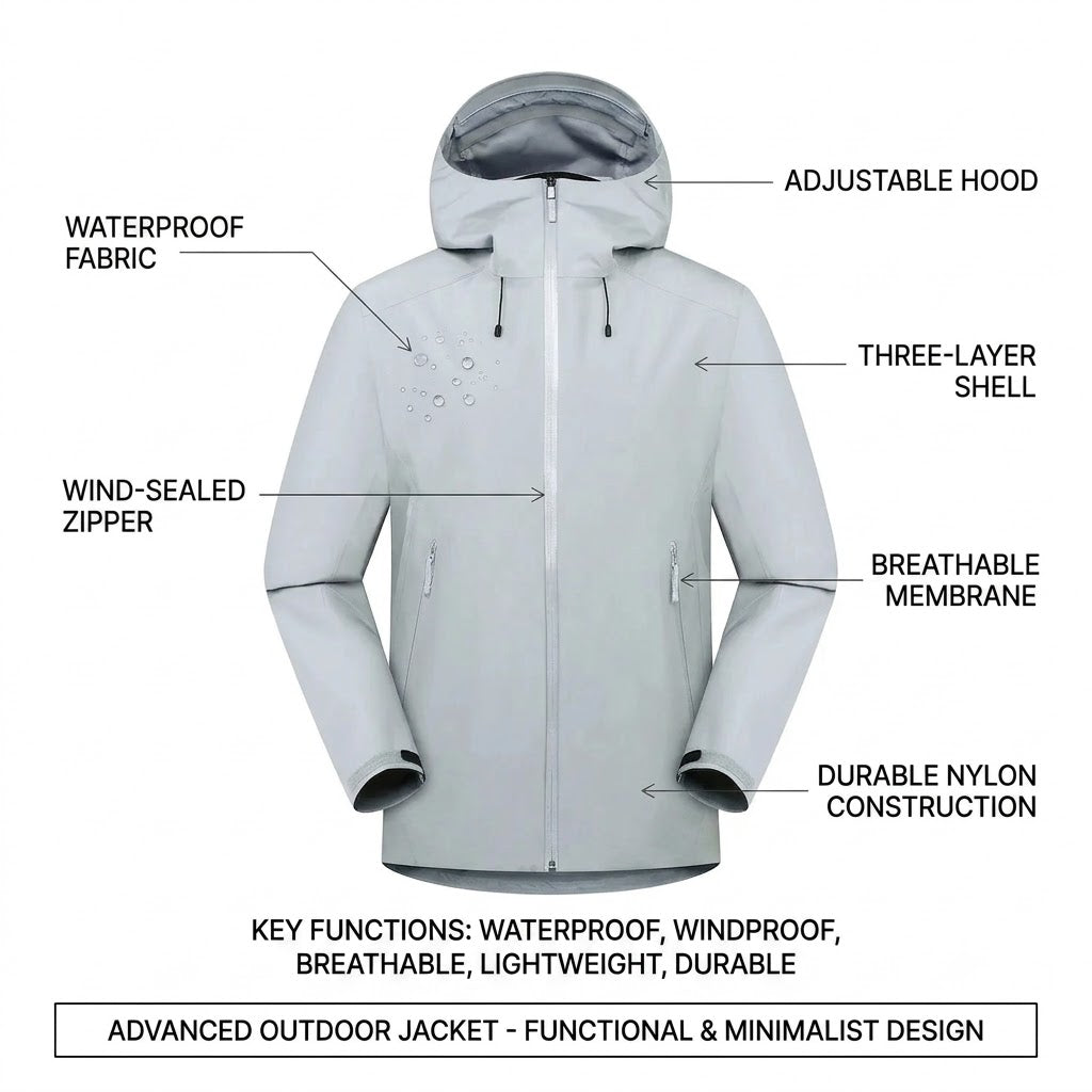 Three-Layer Waterproof Outdoor Jacket – Hooded Windproof Shell for Hiking, Skiing & Camping