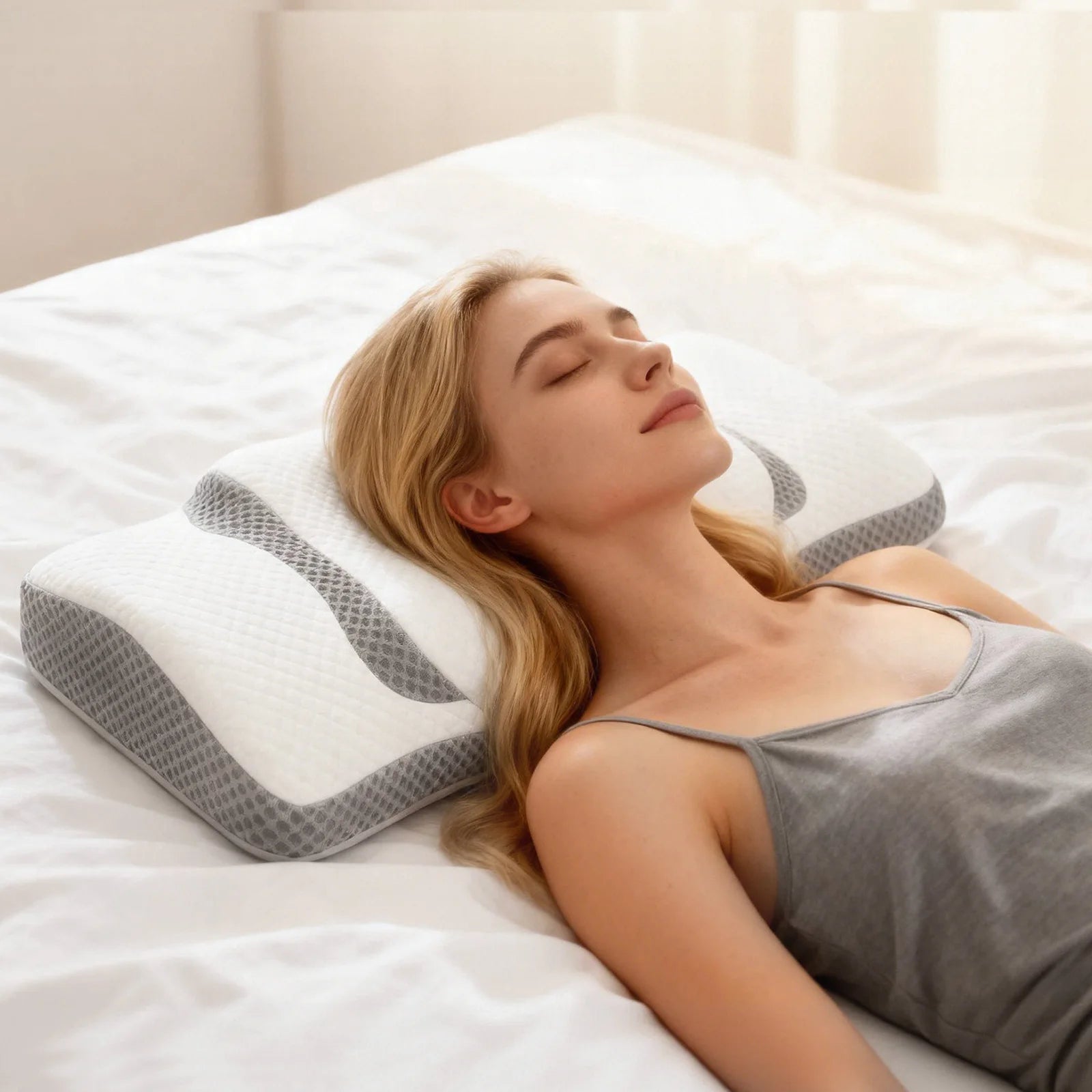 Queen Size Memory Foam Neck Pillow – Ergonomic Contour Design with Arm Rest Slots and Cooling Fabric Cover