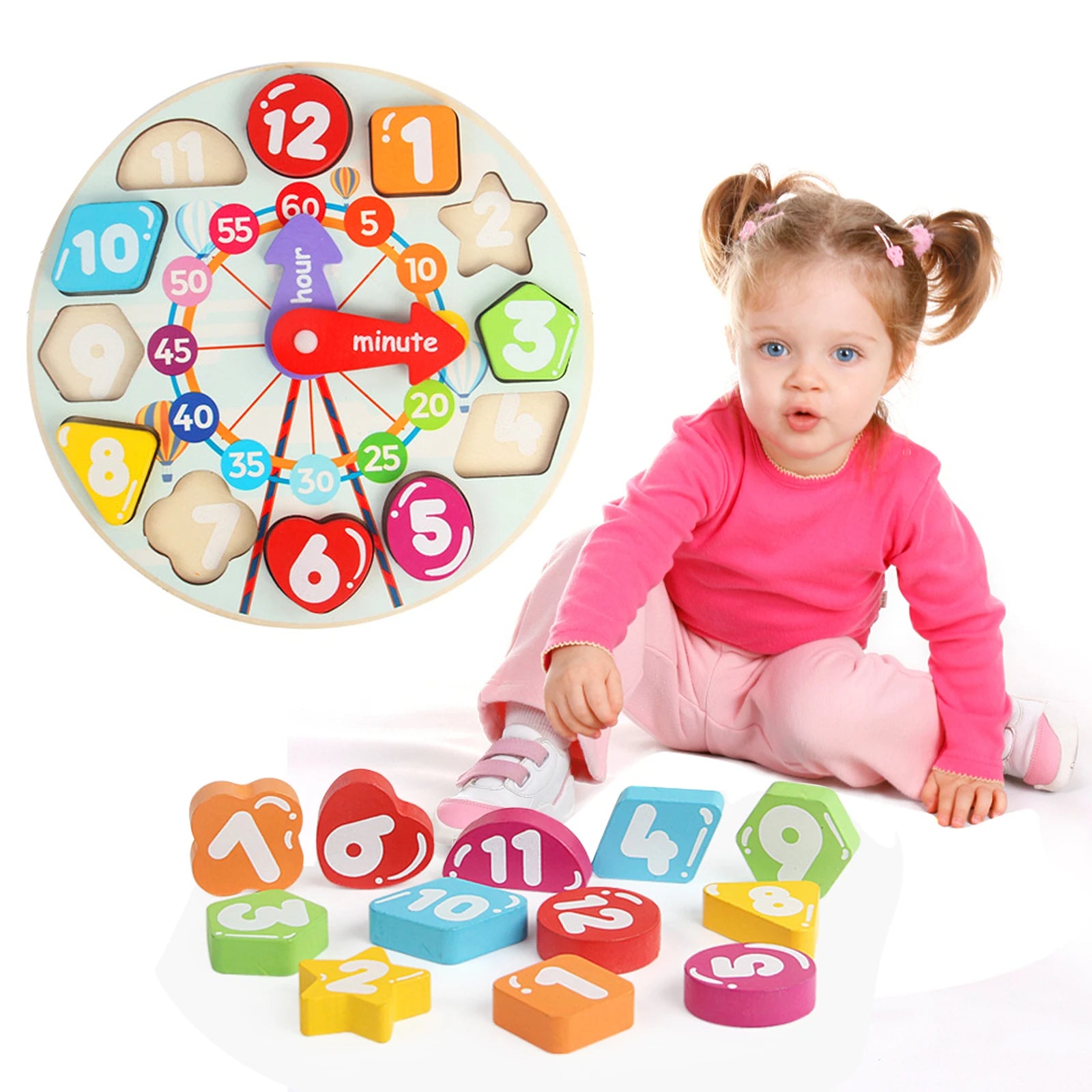 Wooden Clock Shape Sorting Toy Educational Montessori Color Toy Time Telling Numbers Learning Game for Toddlers, Toddler gift, Kids Christmas gift C121