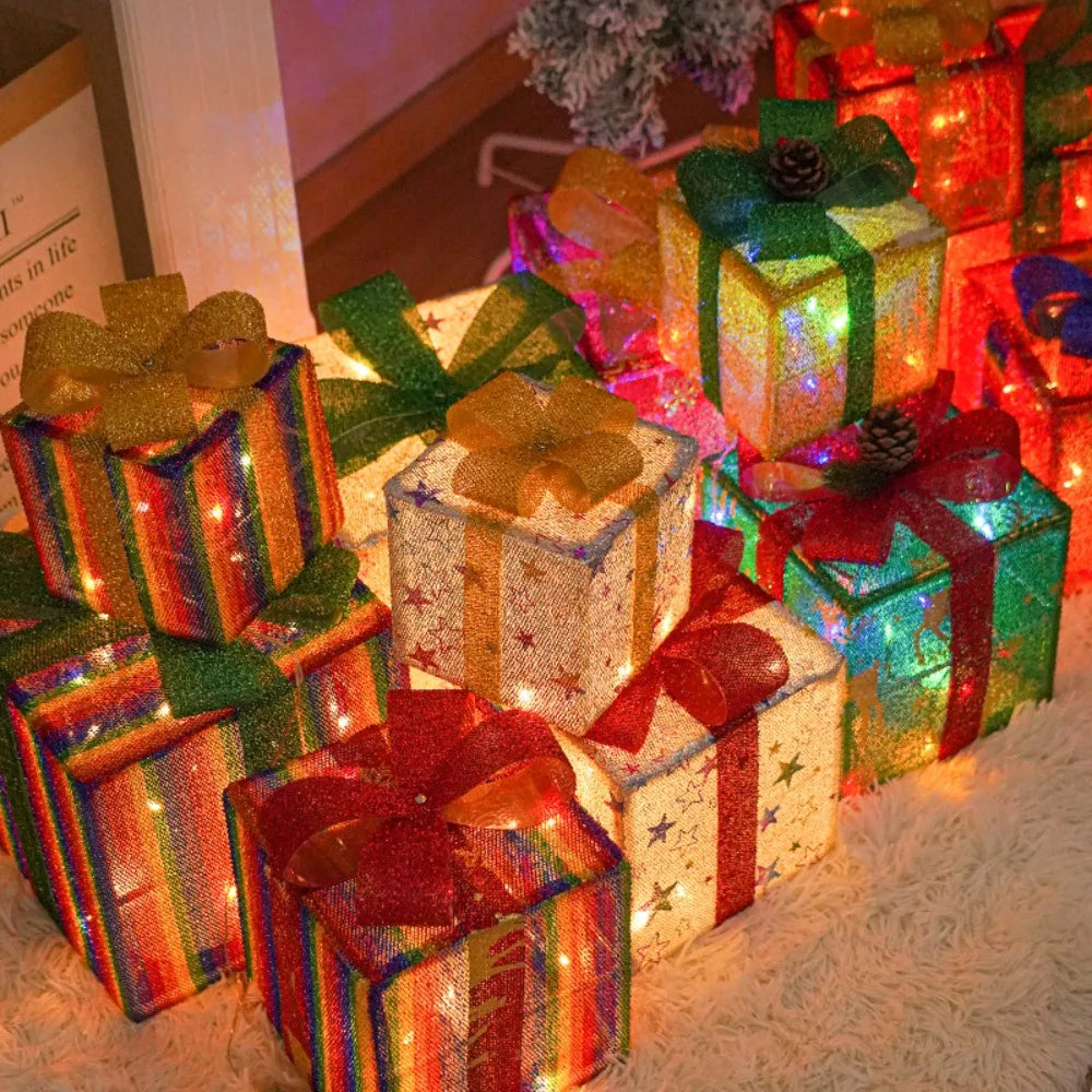 3Pcs Christmas LED Gift Boxes – Lighted Present Boxes with Bow, Warm Fairy Lights for Holiday Decorations