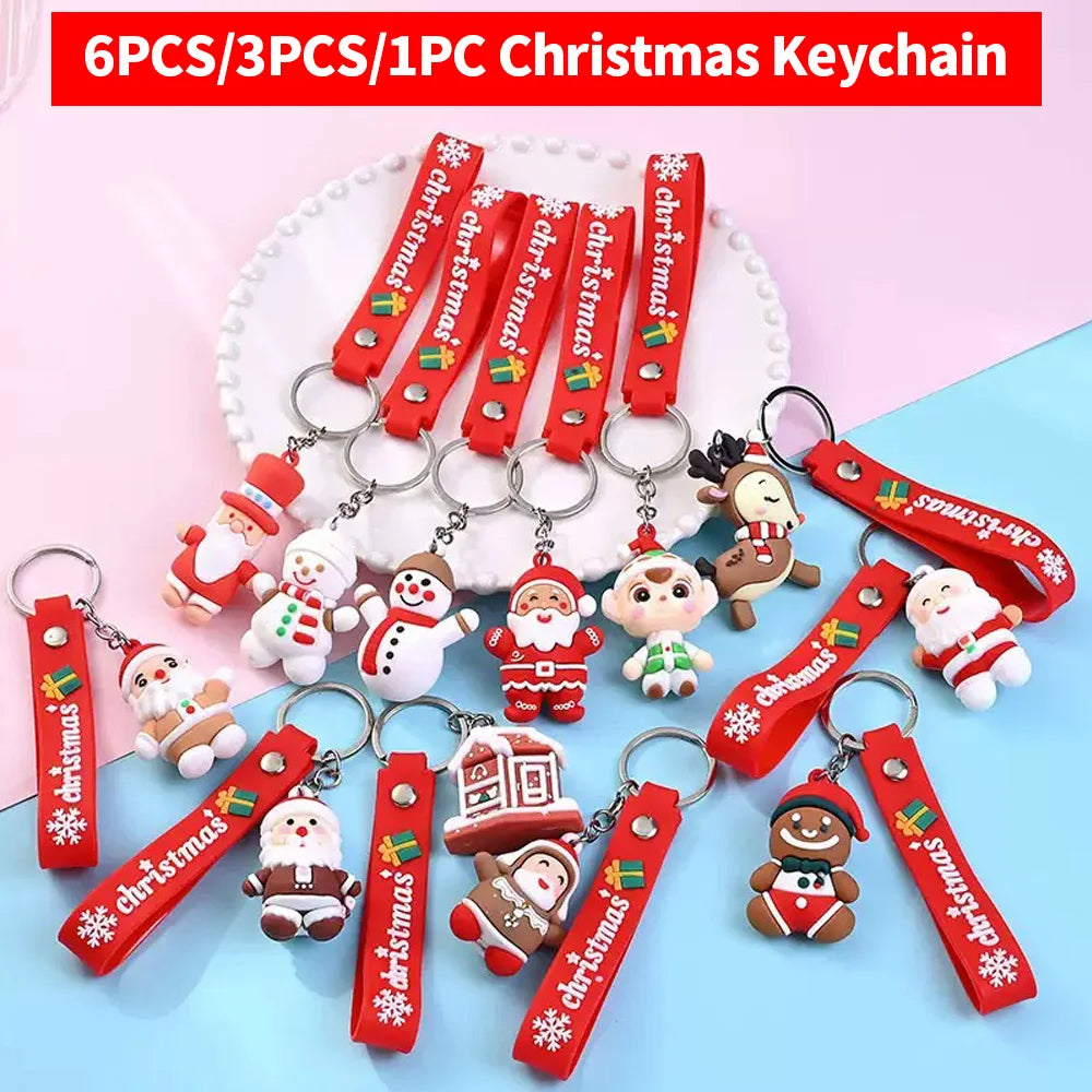 6PCS/3PCS/1PC Santa Claus & Snowman 3D Keychain – Christmas Bag Pendant for Kids Holiday Gift