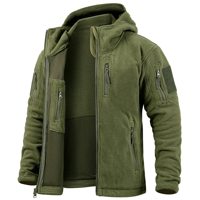 Men’s Outdoor Fleece Jacket – Warm Full Zip Multi-Pocket Hooded Tactical Style Jacket