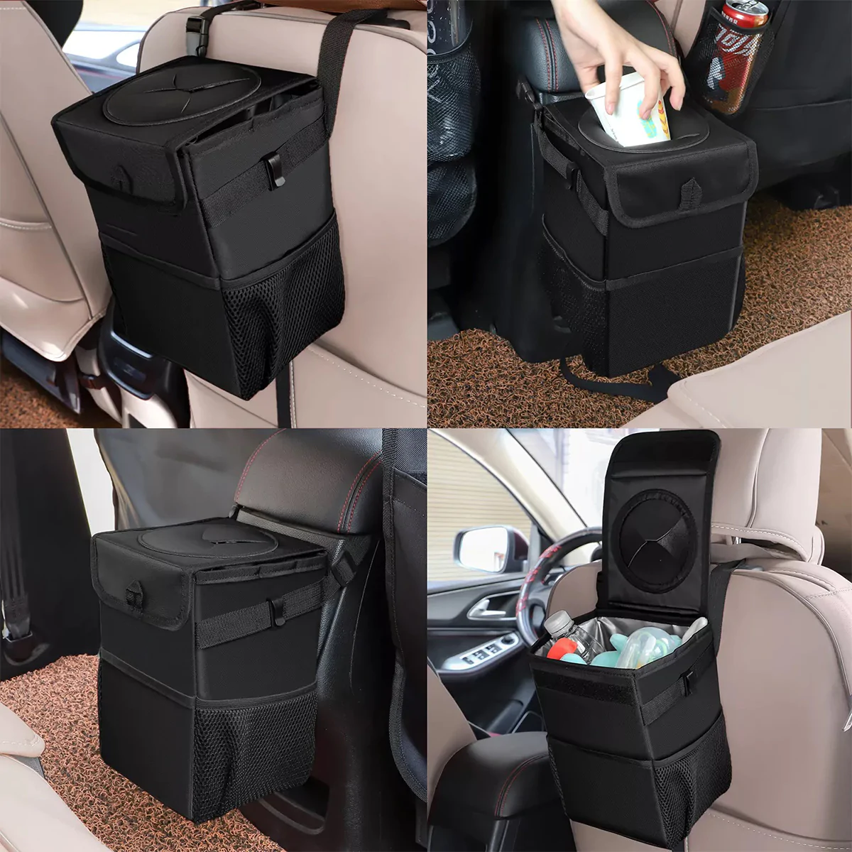 Waterproof Car Trash Can with Lid and Storage Pockets, Custom-Fit For Car, 100% Leak-Proof Car Organizer, Waterproof Car Garbage Can, Multipurpose Trash Bin for Car WAJE234