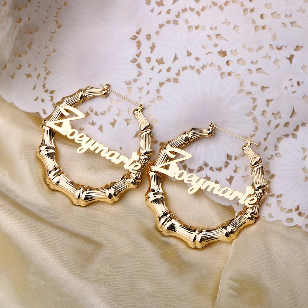 Custom Gold Bamboo Name Earrings - Personalized Nameplate Hoops 30MM-100MM, Hip Hop Jewelry Gift for Women, Christmas Gif