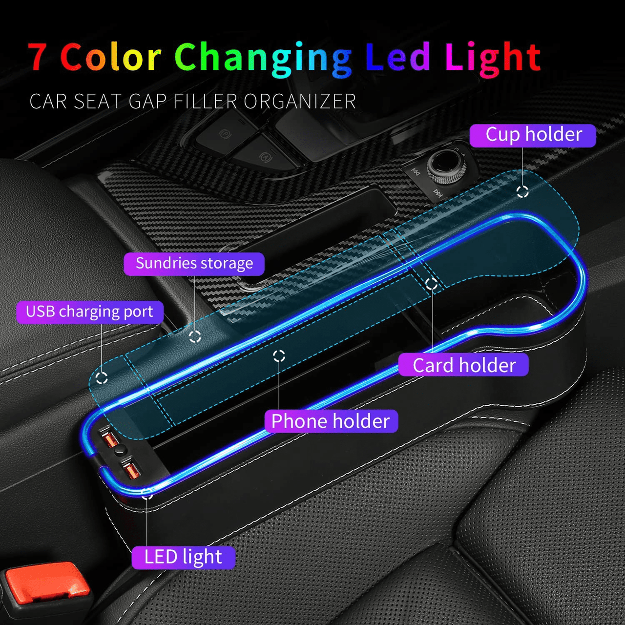 2 Pack Car Seat Gap Organizer, Custom Logo for Car, Multifunctional Seat Gap Storage Box with USB Car Charger, Car Seat Pockets with Led Light, Car Seat Gap Filler with Cup Holder