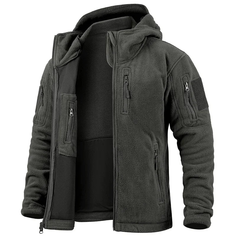 Men’s Outdoor Fleece Jacket – Warm Full Zip Multi-Pocket Hooded Tactical Style Jacket