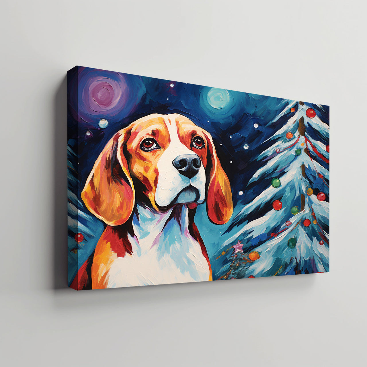 Beagle Dog Christmas Starry Night Oil Painting Van Goh Style, Wooden Canvas Prints Wall Art Painting , Canvas 3d Art