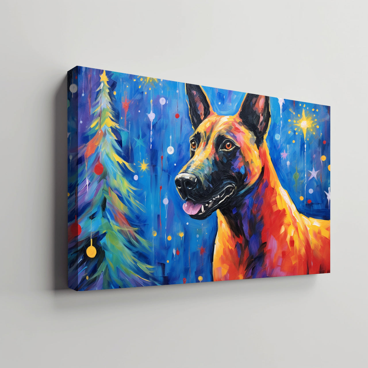 Belgian Malinoi Dog Christmas Starry Night Oil Painting Van Goh Style, Wooden Canvas Prints Wall Art Painting , Canvas 3d Art