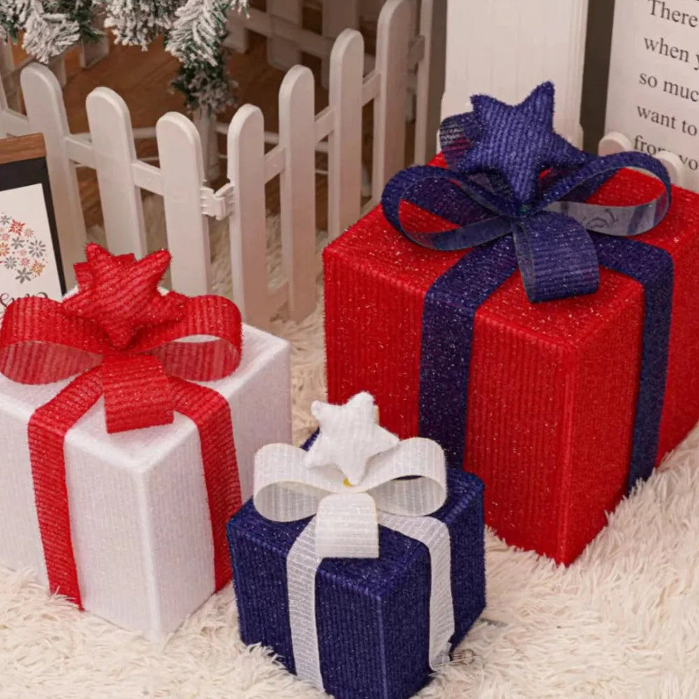 3Pcs Christmas LED Gift Boxes – Lighted Present Boxes with Bow, Warm Fairy Lights for Holiday Decorations