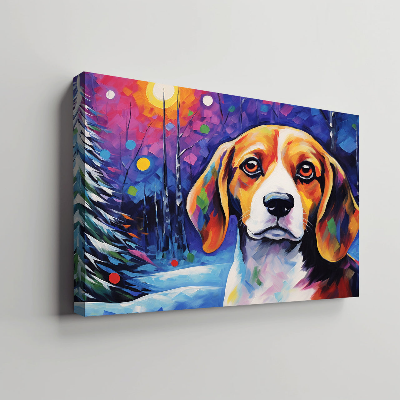 Beagle Dog Christmas Starry Night Oil Painting Van Goh Style, Wooden Canvas Prints Wall Art Painting , Canvas 3d Art