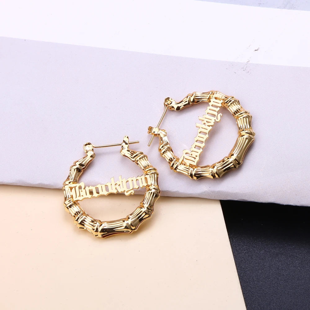 Custom Gold Bamboo Name Earrings - Personalized Nameplate Hoops 30MM-100MM, Hip Hop Jewelry Gift for Women, Christmas Gif