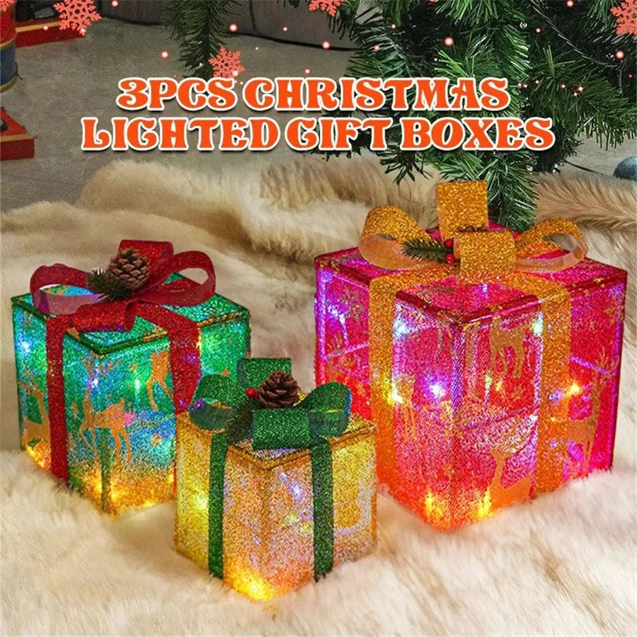 LED Christmas Gift Box Lights – 3-Piece Set with Remote Control, Warm Fairy Lights for Holiday, Wedding & Party Decorations