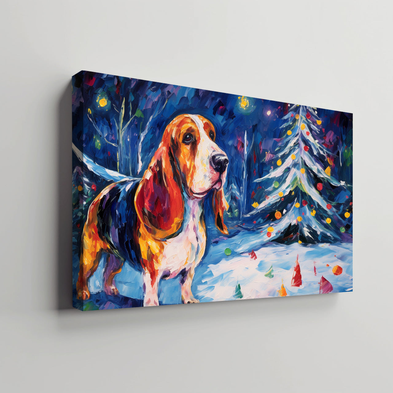 Basset Hound Dog Christmas Starry Night Oil Painting Van Goh Style, Wooden Canvas Prints Wall Art Painting , Canvas 3d Art