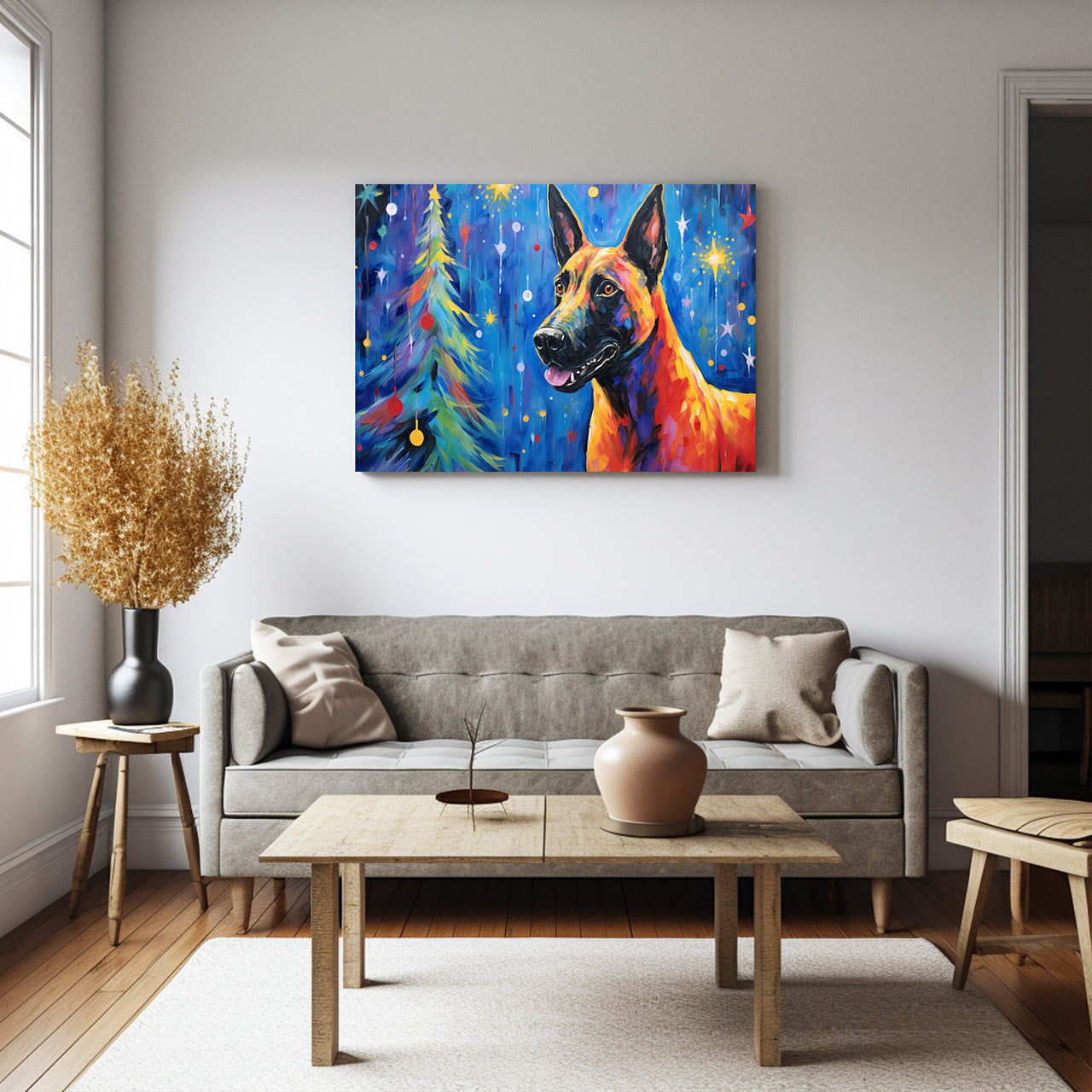 Belgian Malinoi Dog Christmas Starry Night Oil Painting Van Goh Style, Wooden Canvas Prints Wall Art Painting , Canvas 3d Art