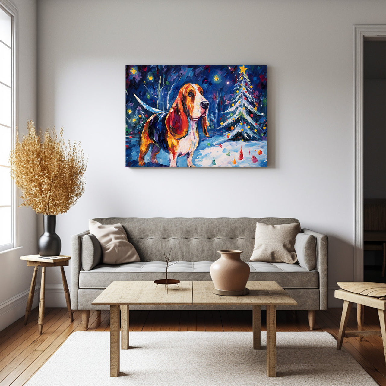 Basset Hound Dog Christmas Starry Night Oil Painting Van Goh Style, Wooden Canvas Prints Wall Art Painting , Canvas 3d Art