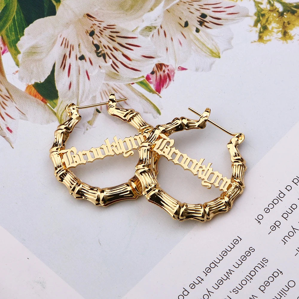 Custom Gold Bamboo Name Earrings - Personalized Nameplate Hoops 30MM-100MM, Hip Hop Jewelry Gift for Women, Christmas Gif