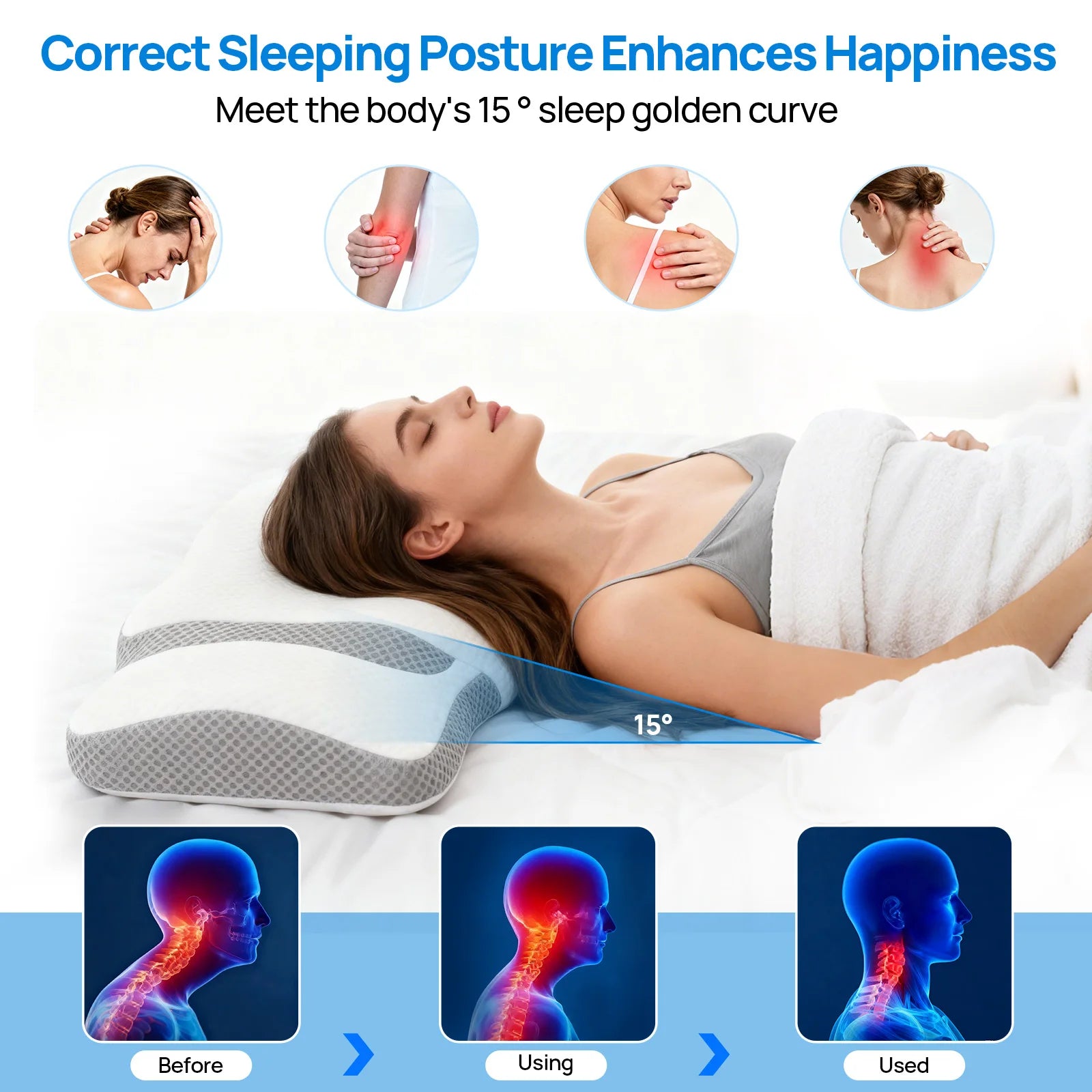 Queen Size Memory Foam Neck Pillow – Ergonomic Contour Design with Arm Rest Slots and Cooling Fabric Cover