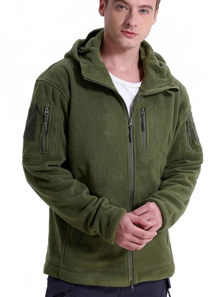 Men’s Outdoor Fleece Jacket – Warm Full Zip Multi-Pocket Hooded Tactical Style Jacket