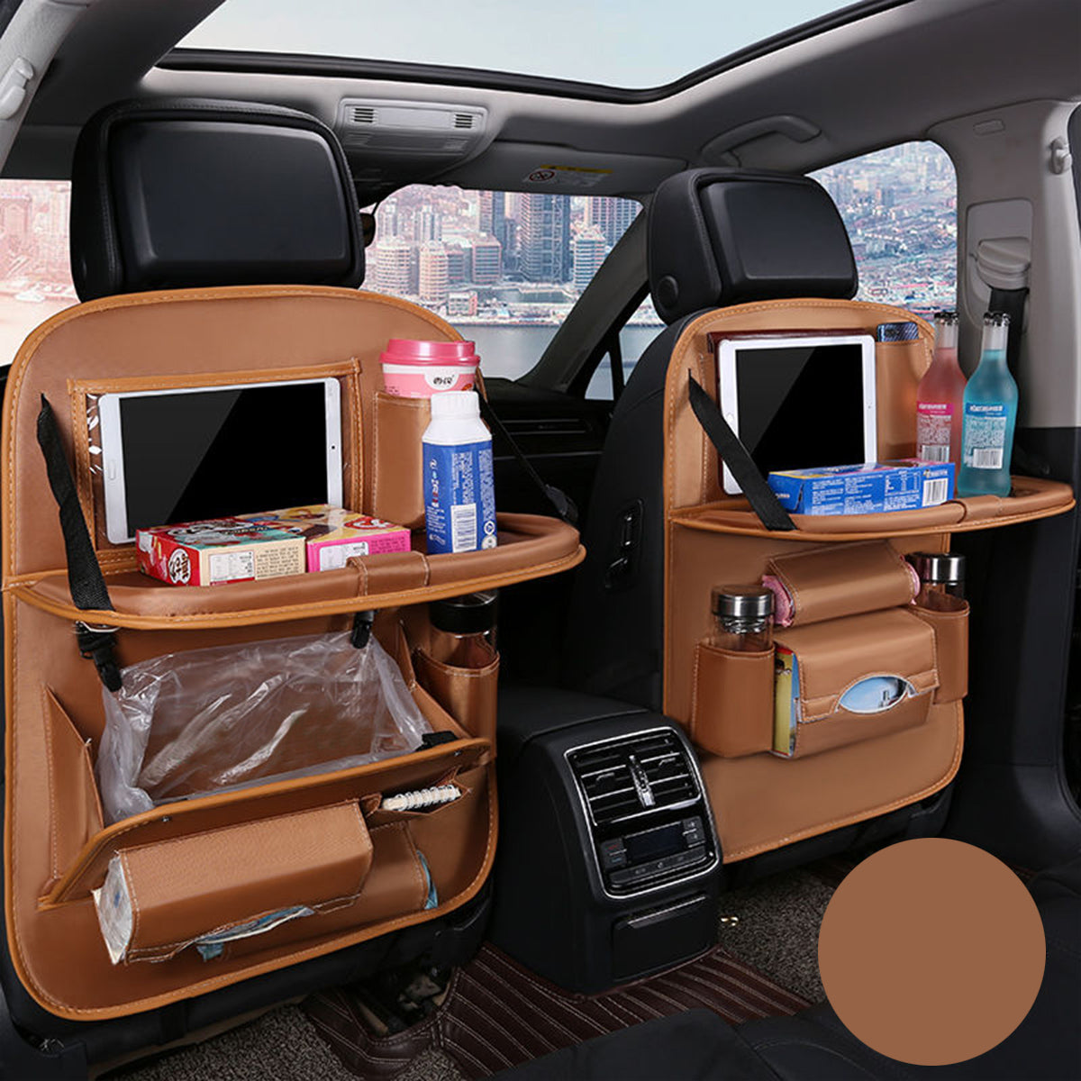 Backseat Organizer With Tablet Holder PU Leather, Custom Fit For Your Cars, Backseat Car Organizer, Car Seat Back Protectors Kick With Foldable Table Tray Car Seat Organizer, Car Accessories CC15987