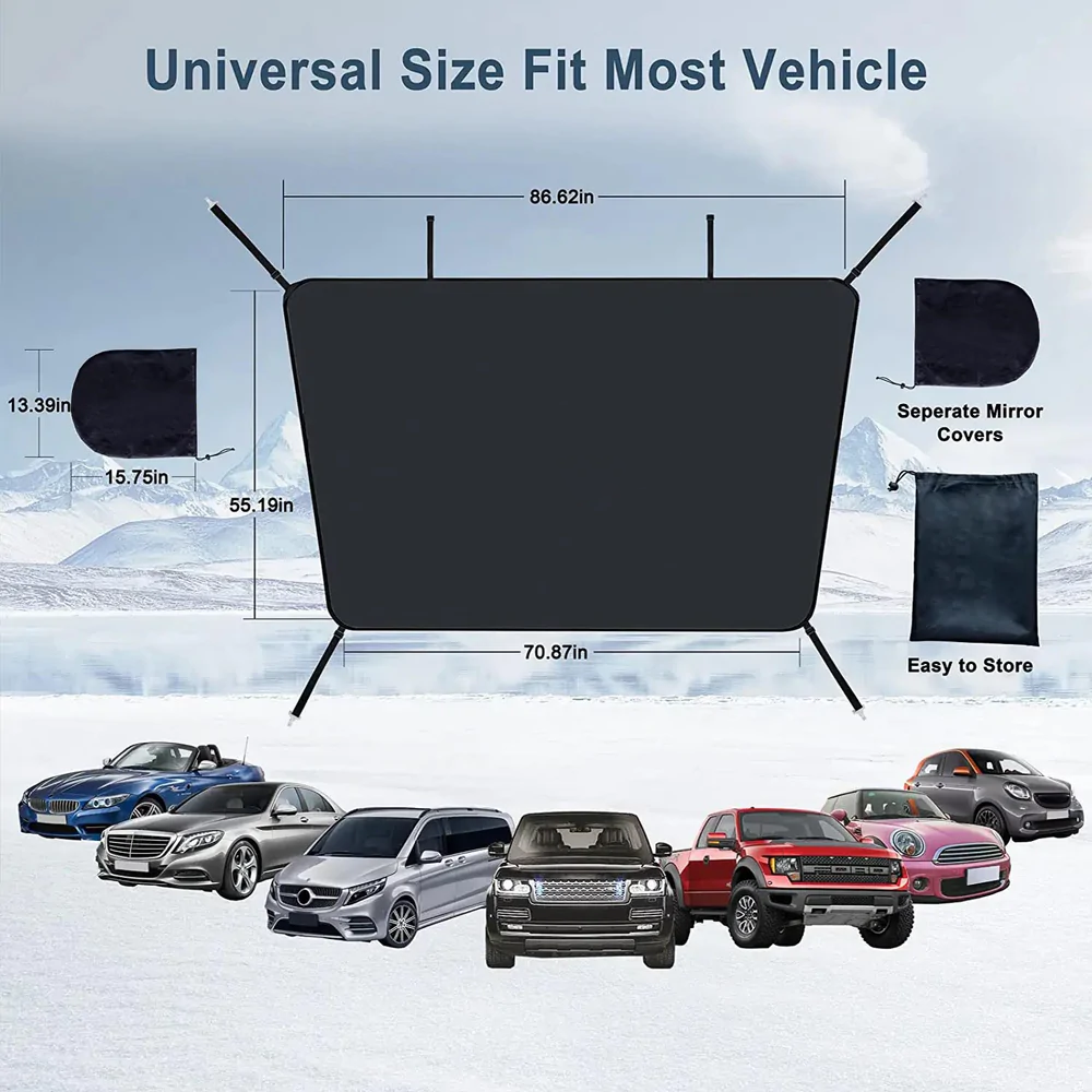 Car Windshield Snow Cover, Custom-Fit For Car, Large Windshield Cover for Ice and Snow Frost with Removable Mirror Cover Protector, Wiper Front Window Protects Windproof UV Sunshade Cover WACC235